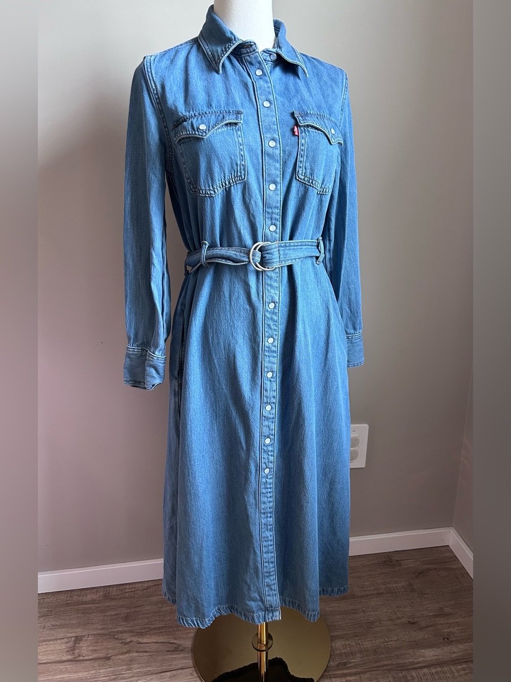 Levis western country stampede Classic Light Blue Denim Shirt Dress Belt rodeo - Picture 2 of 13